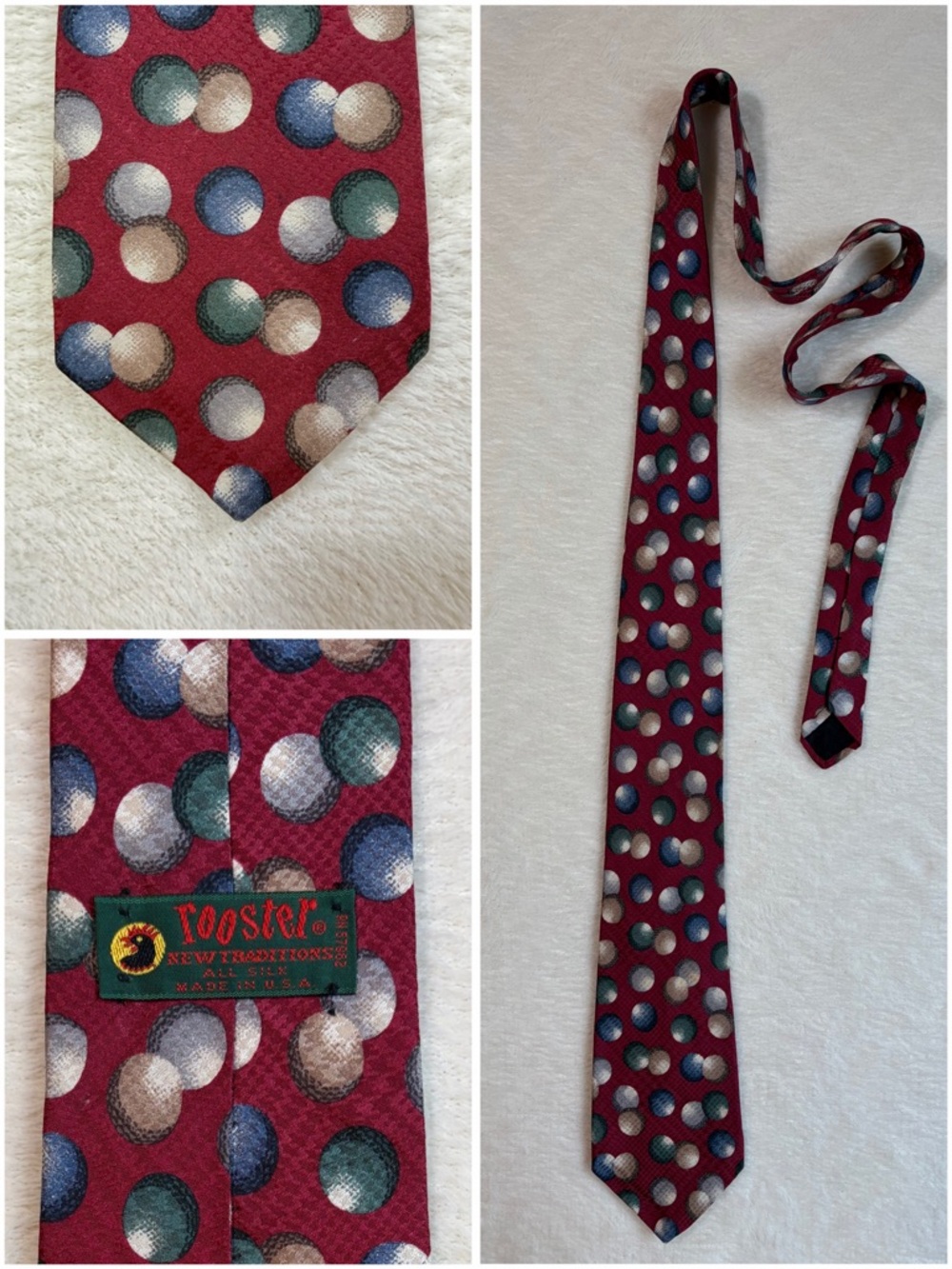 Rooster Silk Neck Tie Red Blue Green Beige Polka Dot Vintage‎